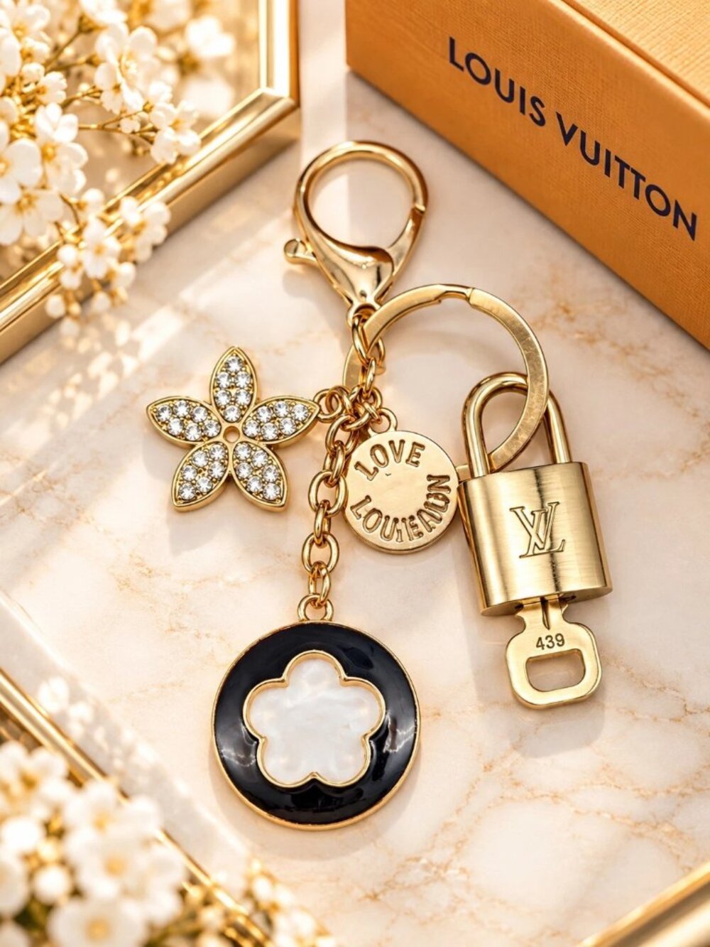 Authentic Louis Vuitton Gold Lock & Key 🔑 Bag Charm w/ Unbranded Flower Charm